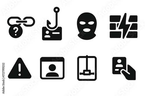 Online Scam Icons. Solid, filled icon set of online scams: suspicious link, phishing hook, masked face, broken firewall, alert sign, fake profile, trap mouse,
