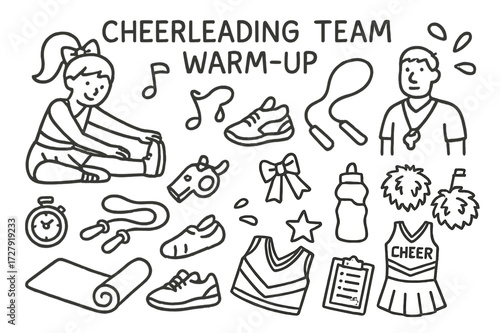 Cheerleading Team Icons. Hand-drawn doodle illustration Cheerleading Team Warm-Up [stretching pose, jump rope, sneakers, yoga mat, whistle, stopwatch, music
