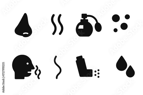 Aroma Icon Grid. Solid, filled icon set of aroma related objects: nose, scent waves, fragrance bottle, aroma bubbles, sniffing face, scent trail, inhaler,