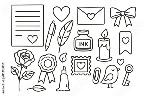 Romantic Stationery Icons. Hand-drawn doodle illustration [Romantic stationery] [paper, pen, quill, ink bottle, heart, envelope, wax seal, ribbon, rose,