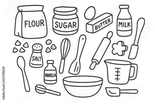 Cookie Baking Essentials. Hand-drawn doodle illustration Cookie baking ingredients [flour bag, sugar jar, butter stick, egg, milk bottle, chocolate chips, salt