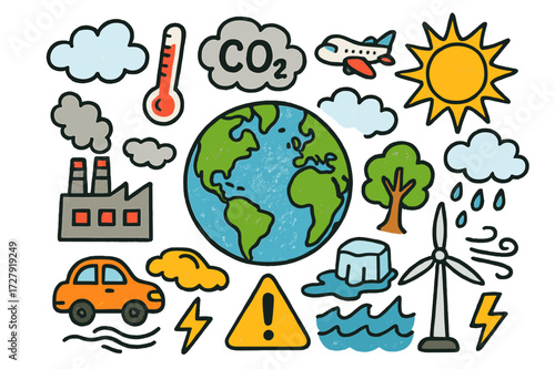 Climate Change Icons. Climate change. Colorful Hand-drawn doodle Children illustration Globe, thermometer, CO2 cloud, sun, clouds, rain, factory,