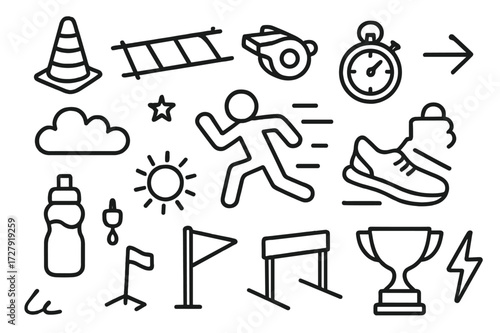 Agility Training Icons. Hand-drawn doodle illustration agility drills cones, ladder, whistle, stopwatch, sprinting figure, arrow, running shoe, star, sun,