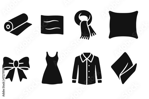 Silk Fabric Icons. Solid, filled icon set of silk fabric: silk roll, silk sheet, silk scarf, silk pillowcase, silk ribbon, silk dress, silk shirt, silk