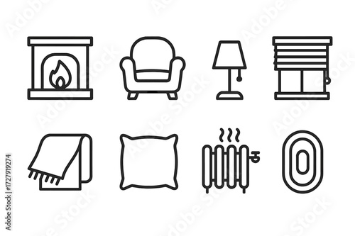 Home Comfort Icons. Outline icon set of home comfort: fireplace, armchair, blanket, pillow, lamp, window blinds, heater, rug. Line icons in only black color,