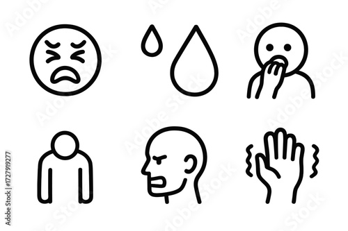 Emotional Desperation Icons. Solid, filled icon set of emotional desperation: anguished face, sweating forehead, tear drop, biting nails, slumped shoulders,
