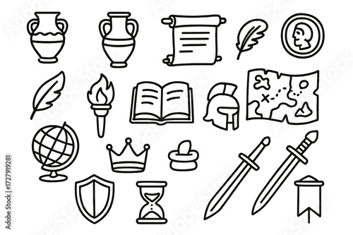 Ancient Artifacts Doodle. Hand-drawn doodle illustration teaching with artifacts pottery, amphora, scroll, coin, quill, torch, book, map, globe, crown, helmet,