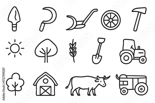 Farming Tools Evolution. Hand-drawn doodle illustration Farming tools evolution stone tool, sickle, plow, wheel, hoe, shovel, cart, bucket, barn, ox, tractor