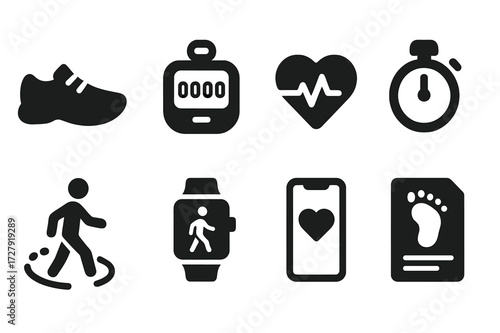 Walking Fitness Icons. Solid, filled icon set of walking pace and fitness: walking shoes, pedometer, heart rate, timer, walking path, smartwatch, health app,
