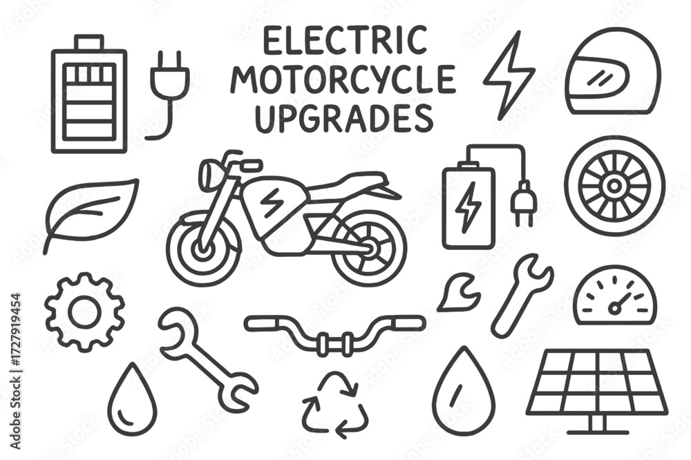 Fototapeta premium Electric Motorcycle Components. Hand-drawn doodle illustration Electric motorcycle upgrades [motorcycle, battery pack, plug icon, charger, lightning bolt, eco