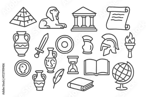 Ancient Civilization Icons. Hand-drawn doodle illustration ancient civilizations pyramid, sphinx, temple, scroll, vase, sword, shield, helmet, torch, coin,