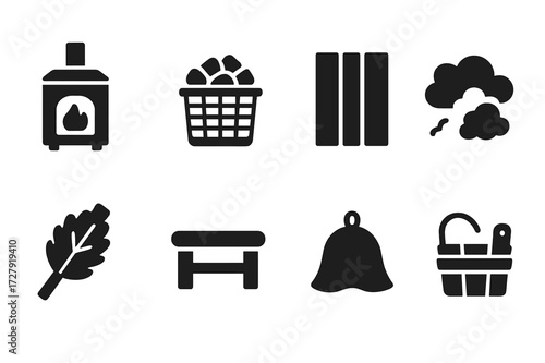 Bathhouse Icon Set. Solid, filled icon set of bathhouse environment: sauna stove, stone heater, wooden walls, steam clouds, birch broom, bench, sauna hat,