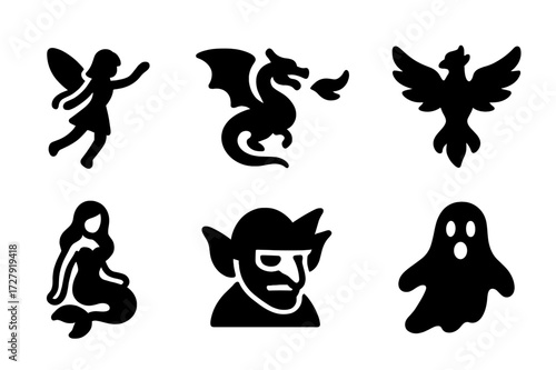 Mythical Creatures Icons. Solid, filled icon set of mythical creatures: fairy, dragon, unicorn, phoenix, mermaid, goblin, witch, ghost. [Line icons in only