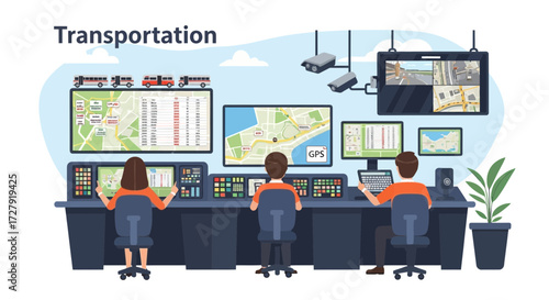 Illustration of transportation control center with operators monitoring traffic system, maps, and surveillance screens for public transportation and smart city management
