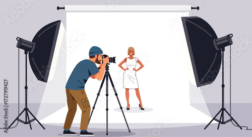 Illustration of professional photographer taking picture of female model in photo studio with lighting equipment, photography session concept of fashion, modeling, and creative industry