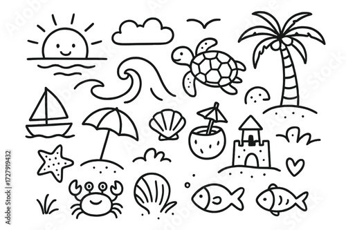 Ocean Sunset Doodle. Hand-drawn doodle illustration Ocean sunset turtle, sun, wave, cloud, seagull, palm tree, starfish, shell, crab, boat, umbrella, coconut,