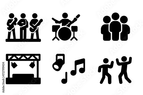 Groove Performance Icons. Solid, filled icon set of fill notation: roll notation, flam notation, paradiddle notation, accent marks, rest symbols, dynamic