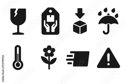 Shipping Care Icons. Solid, filled icon set of shipping care instructions: fragile sticker, handle with care tag, do not crush, keep dry label, temperature