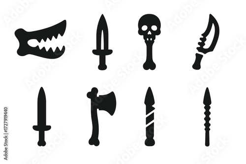 Bone Weapon Icons. Solid, filled icon set of bone-crafted weapons: jawbone knife, bone dagger, skull club, rib blade, femur sword, bone axe, carved spike,