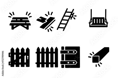 Creaking Wooden Icons. Solid, filled icon set of creaking wooden structures: bridge plank, floorboard, attic stairs, porch swing, wooden gate, fence panel,