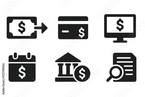 Financial Transaction Icons. Solid, filled icon set of financial transactions: debit transfer, card payment, automatic debit, online transaction, monthly