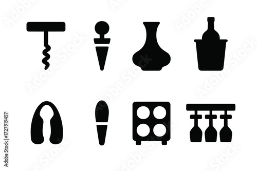 Wine Accessories Icons. Solid, filled icon set of wine accessories: corkscrew, wine stopper, decanter, wine cooler, foil cutter, wine aerator, wine rack, glass