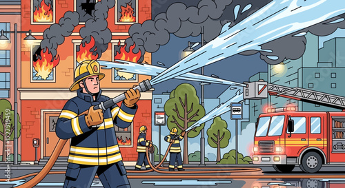 Illustration of firefighter spraying water to extinguish burning building with fire truck in background, emergency rescue team fighting flames in city disaster situation