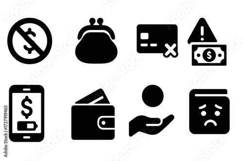 Financial Distress Icons. Solid, filled icon set of no funds: no money sign, empty purse, declined payment, overdraft alert, low balance phone, empty wallet