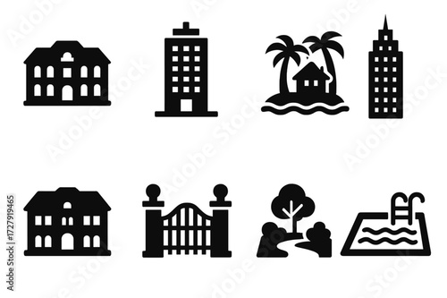 Luxury Real Estate Icons. Solid, filled icon set of billionaire real estate: mansion, penthouse, private island, skyscraper, luxury villa, estate gate, garden,