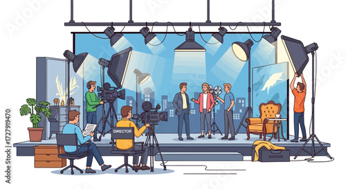Film Studio with Professional Crew and Actors, Movie Production Set with Cameras, Lights and Director, Behind the Scenes of Filmmaking, Video Shooting and Media Production, Vector Illustration