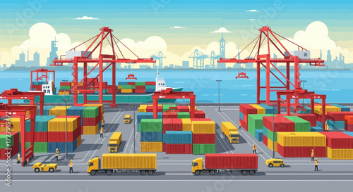 Illustration of Container Port with Cargo Ship, Cranes, Trucks, and Shipping Containers for Global Logistics, Export Import, Freight Transportation, and Maritime Industry