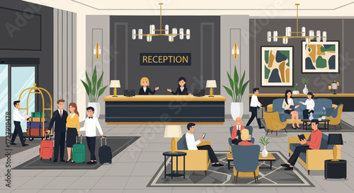 Illustration of Hotel Lobby and Reception with Guests, Front Desk Staff, Luggage, and Lounge Area for Travel, Tourism, Hospitality, and Accommodation Services