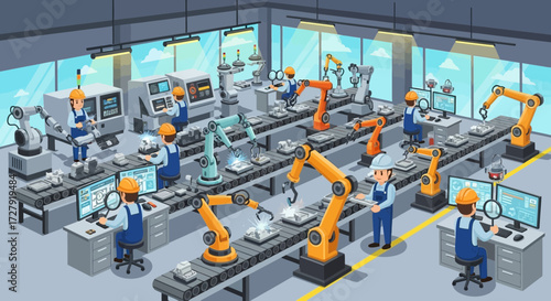Modern Automated Factory with Robotic Arms and Engineers, Smart Manufacturing Production Line, Industrial Automation Technology and Robotics, Vector Illustration for Industry 4.0 Concept