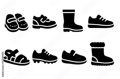 Kids Shoes Icons. Solid, filled icon set of kids shoes: toddler shoes, school shoes, rain boots, sneakers, sandals, cleats, slippers, winter boots. Solid,
