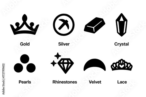 Tiara Material Icons. Solid, filled icon set of tiara materials: gold, silver, platinum, crystal, pearls, rhinestones, velvet, lace. Solid, filled icons in