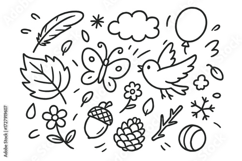 Floating Nature Doodles. Hand-drawn doodle illustration objects colliding in mid-air Leaf, Feather, Flower, Petal, Seed, Acorn, Pine cone, Twig, Raindrop,
