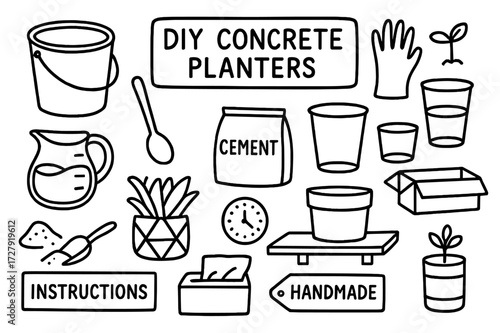 DIY Concrete Planters. Hand-drawn doodle illustration [DIY concrete planters] [bucket mold, mixing spoon, rubber gloves, water jug, cement powder, plant,
