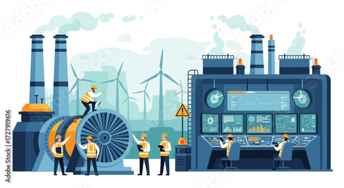 Modern Power Plant with Engineers and Control Room, Industrial Turbine Maintenance, Renewable Energy and Electricity Production Process, Vector Illustration for Energy Industry Concept