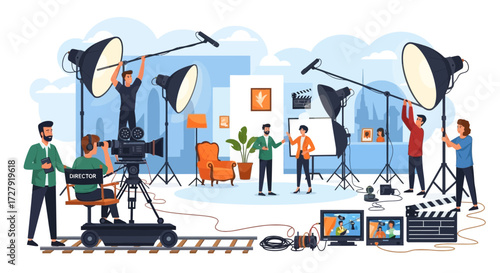 Illustration of Film Production Set with Camera Crew, Director, Actors, Professional Lighting, and Studio Equipment for Movie Making, Video Shooting, and Media Industry