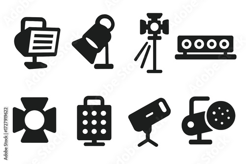 Stage Lighting Icons. Solid, filled icon set of stage lighting types: floodlight, spot light, backlight, footlight, color gel, LED panel, follow spot, gobo