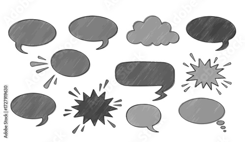 Diverse hand drawn speech bubbles and thought clouds offer creative space for messages and ideas