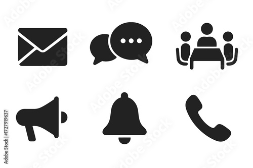 Employee Communication Icons. Solid, filled icon set of employee communication: email, chat bubble, video call, meeting room, announcement, feedback,