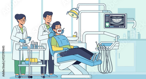 Illustration of Dental Clinic with Patient, Dentist and Assistant, Modern Dental Chair, Tools and Equipment for Oral Health, Medical Care, Hygiene and Dentistry Concept