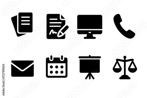 Lobbying Tools Icons. Solid, filled icon set of lobbying tools: documents, contract, computer, phone, email, calendar, presentation board, legal scales. Solid,