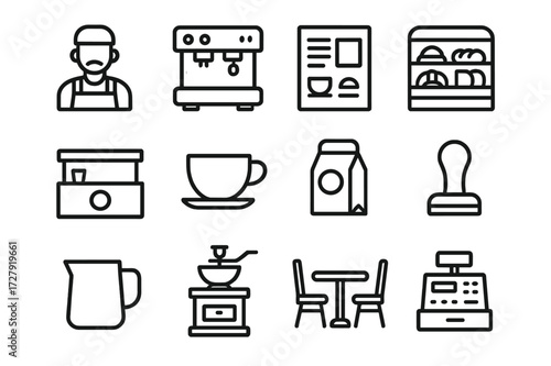 Coffee Shop Icon Set. Coffee shop. Line icon set of coffee shop: barista, coffee machine, menu board, pastry display, counter, coffee cup, takeaway bag,
