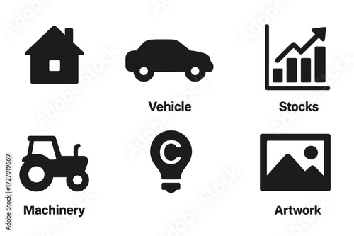 Asset Icons Set. Solid, filled icon set of asset types: real estate, vehicle, cash, stocks, bonds, machinery, intellectual property, artwork. [Solid, filled