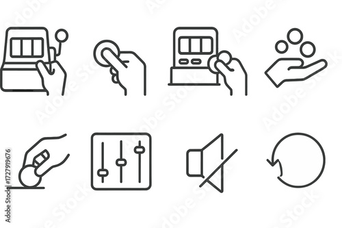 Slot Machine Icons. Outline icon set of slot machine user actions: pull lever, press button, insert coin, collect winnings, place bet, adjust paylines, toggle