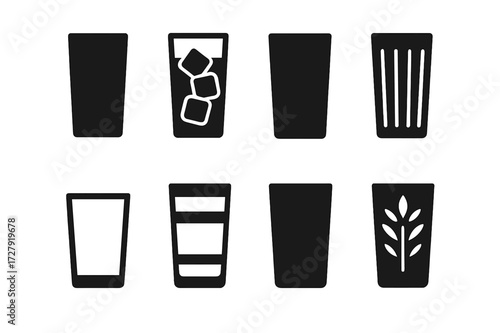 Highball Glass Icon Set. Solid, filled icon set of highball glass types: classic highball glass, tall glass with ice, frosted highball, decorated highball,