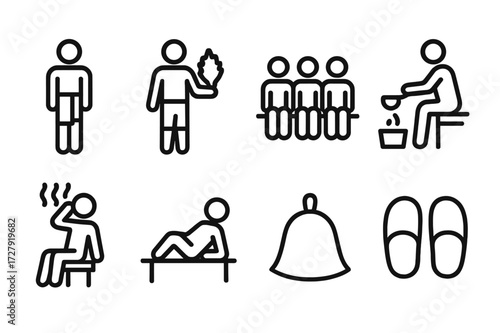 Banya Icon Set. Solid, filled icon set of banya guests: person with towel, person with venik, group sitting, person pouring water, person cooling off, person