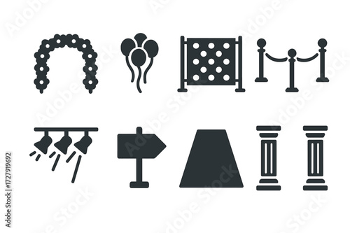Red Carpet Icon Set. Solid, filled icon set of red carpet decorations: floral arch, balloon garland, step and repeat banner, gold stanchions, LED lights, event